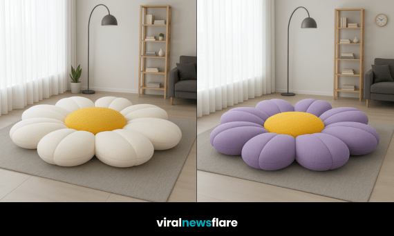 Collection of oversized flower-shaped floor cushions in pastel colours styled in a contemporary living room