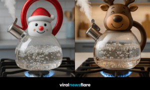 Collection of Santa, snowman, reindeer and elf Christmas character kettles on stovetops