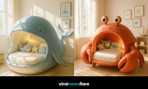 Collection of whale, turtle, crab, and shark-shaped children’s reading pods in ocean-themed interiors
