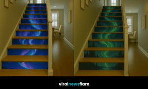 Aurora Borealis staircase transforming a modern hallway interior