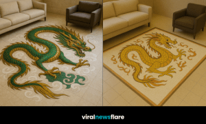 A striking dragon mosaic floor displayed in a modern living room setting, showcasing bold decorative tilework.