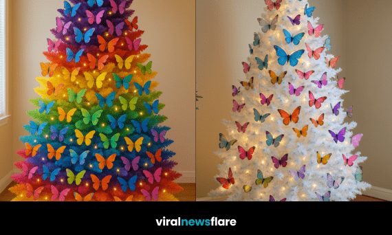 Collection of butterfly Christmas trees in pastel, rainbow, and monochrome designs