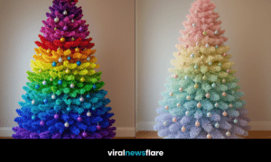 Collection of rainbow, pastel, blue and white Christmas trees in modern living spaces