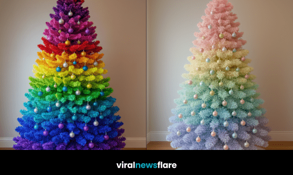 Collection of rainbow, pastel, blue and white Christmas trees in modern living spaces