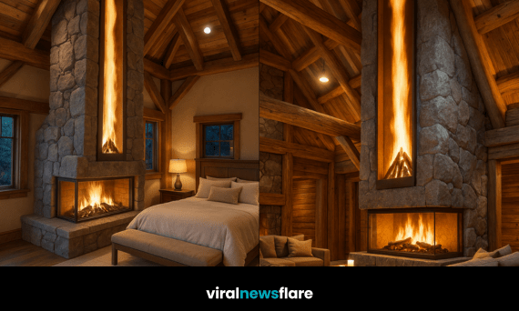 Statement vertical fireplace design featuring a tall flame column set within natural stone and wood interiors