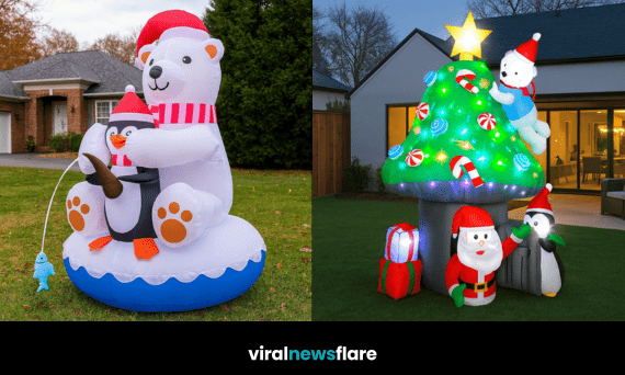 Collection of giant inflatable Christmas decorations including Santa, snowmen, and penguins in modern gardens