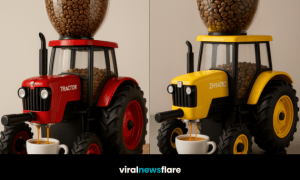 Collection of colourful tractor-shaped coffee machines brewing espresso