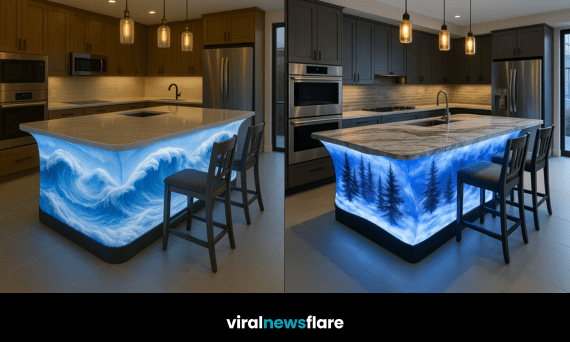Luxury Arctic-inspired resin kitchen island with illuminated winter landscape panels