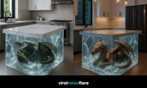 Statement kitchen island featuring a dragon encased in ice-effect resin