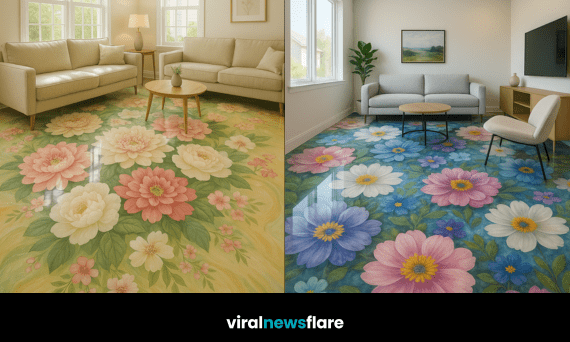 floral resin floor transforming a modern living room into a nature-inspired interior