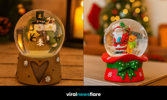 Collection of Christmas snow globes and LED candle globes creating a warm festive atmosphere
