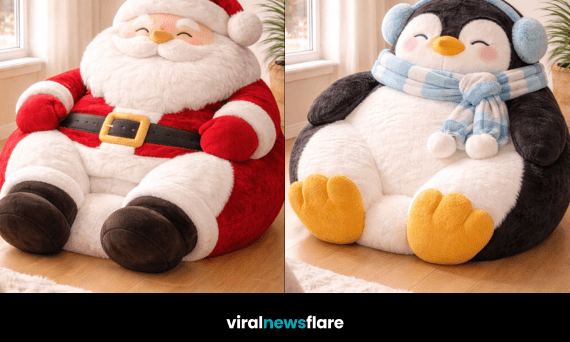 Collection of oversized festive beanbag chairs including Santa, elf, snowman, and penguin designs