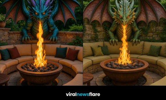 Fantasy dragon fire pit centrepiece surrounded by curved outdoor seating