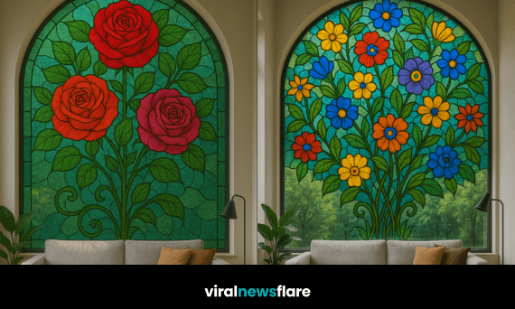 Large arched floral stained glass window creating a statement feature in a modern living room
