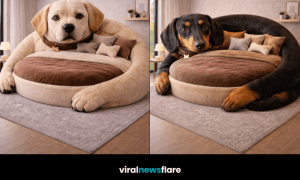 Collection of oversized dog-shaped beds including dachshund, Dalmatian, French bulldog, and Labrador designs