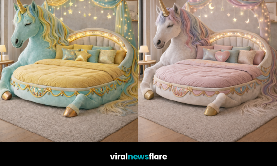Oversized unicorn statement bed with fairy lights and canopy