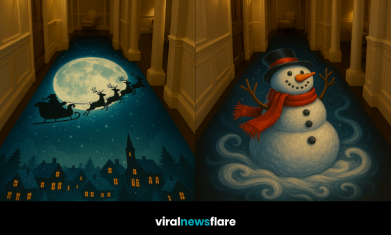 Magical festive illusion hallway floor designs creating immersive Christmas scenes inside the home