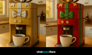 Collection of gift-shaped coffee machines in red, gold, pink, and blue designs