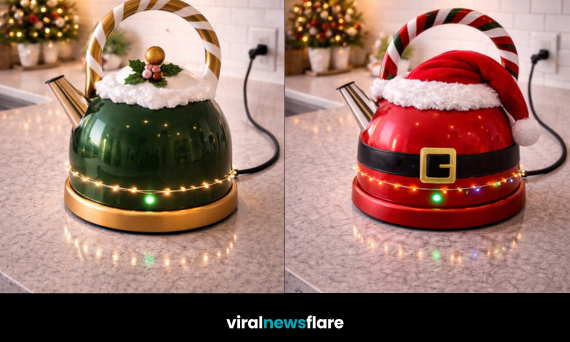 Collection of festive Christmas kettles with candy cane handles and illuminated bases on kitchen countertops