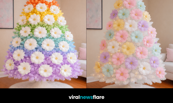 Statement floral Christmas tree decorated with layered flowers and warm fairy lights in a modern living room