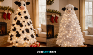 Whimsical animal Christmas trees including sheep, pig and cow designs in a festive home setting