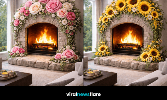 Statement floral fireplace display featuring roses, sunflowers and greenery framing a glowing stone fireplace