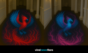Mythical phoenix floor illusion transforming a classic hallway interior