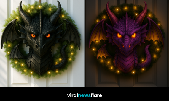 Collection of dragon Christmas wreaths featuring black, red, green and purple dragon designs with festive lights