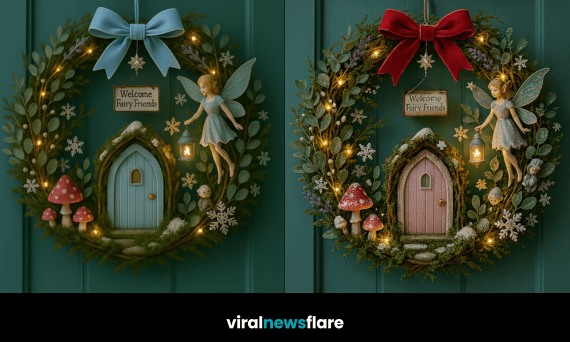 Enchanted fairy Christmas wreath with fairy door, glowing lights and woodland winter details
