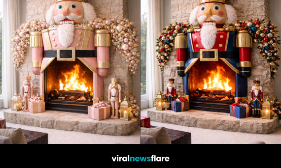 Grand nutcracker fireplace display creating a festive Christmas centrepiece in a luxury living room