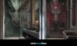 Luxury walk-in shower featuring a detailed dragon mosaic wall in a modern bathroom