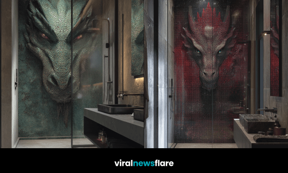 Luxury walk-in shower featuring a detailed dragon mosaic wall in a modern bathroom
