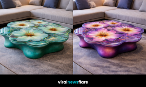 Luxury floral resin coffee table showcasing embedded flowers and sculptural design