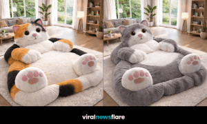Oversized cat-shaped plush bed showcased in a bright modern living room
