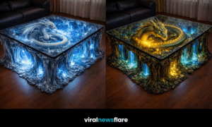 Collection of enchanted dragon resin coffee tables with fantasy landscapes and LED lighting