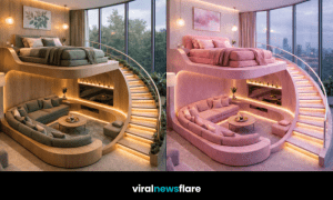 Luxury split-level bedroom lounge featuring an elevated bed, sunken seating and curved illuminated staircase