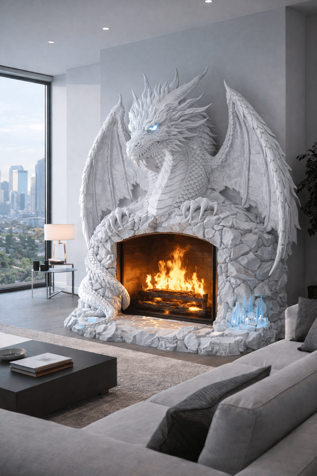 White dragon fireplace sculpture with blue glowing eyes and stone hearth in a contemporary interior
