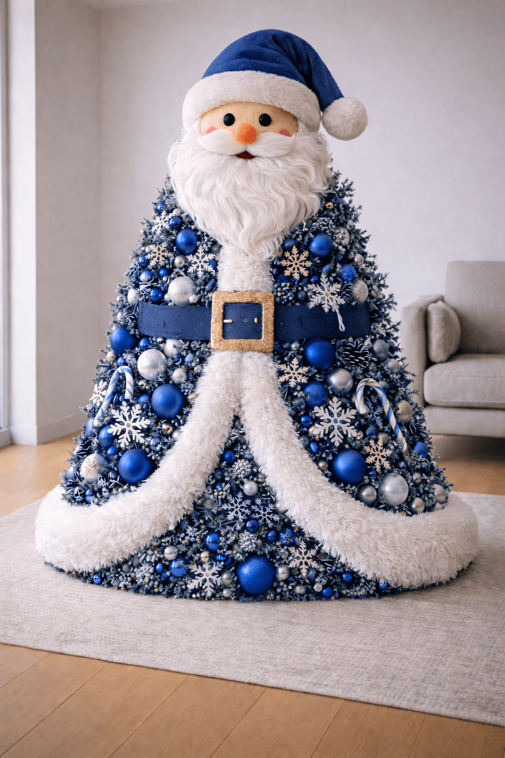 Blue Santa Christmas tree dress with winter-themed silver ornaments and snowflakes