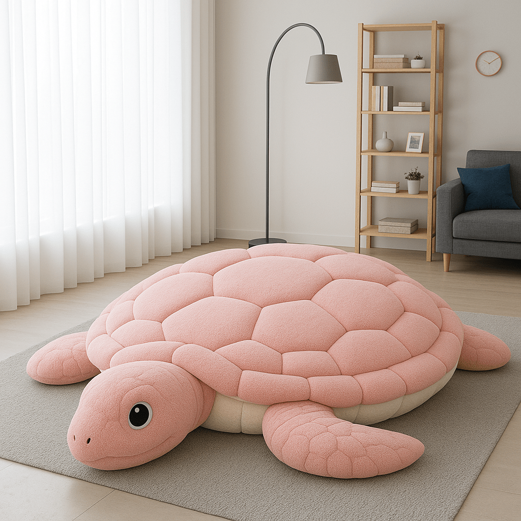 Pink plush turtle in a calm modern interior