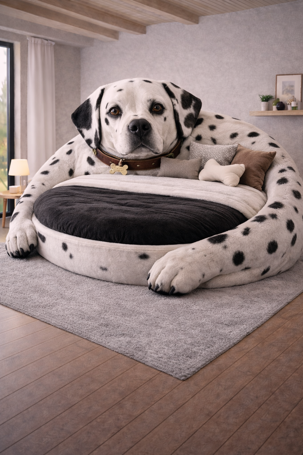 Black and white Dalmatian-shaped oversized bed with soft cushions in contemporary interior