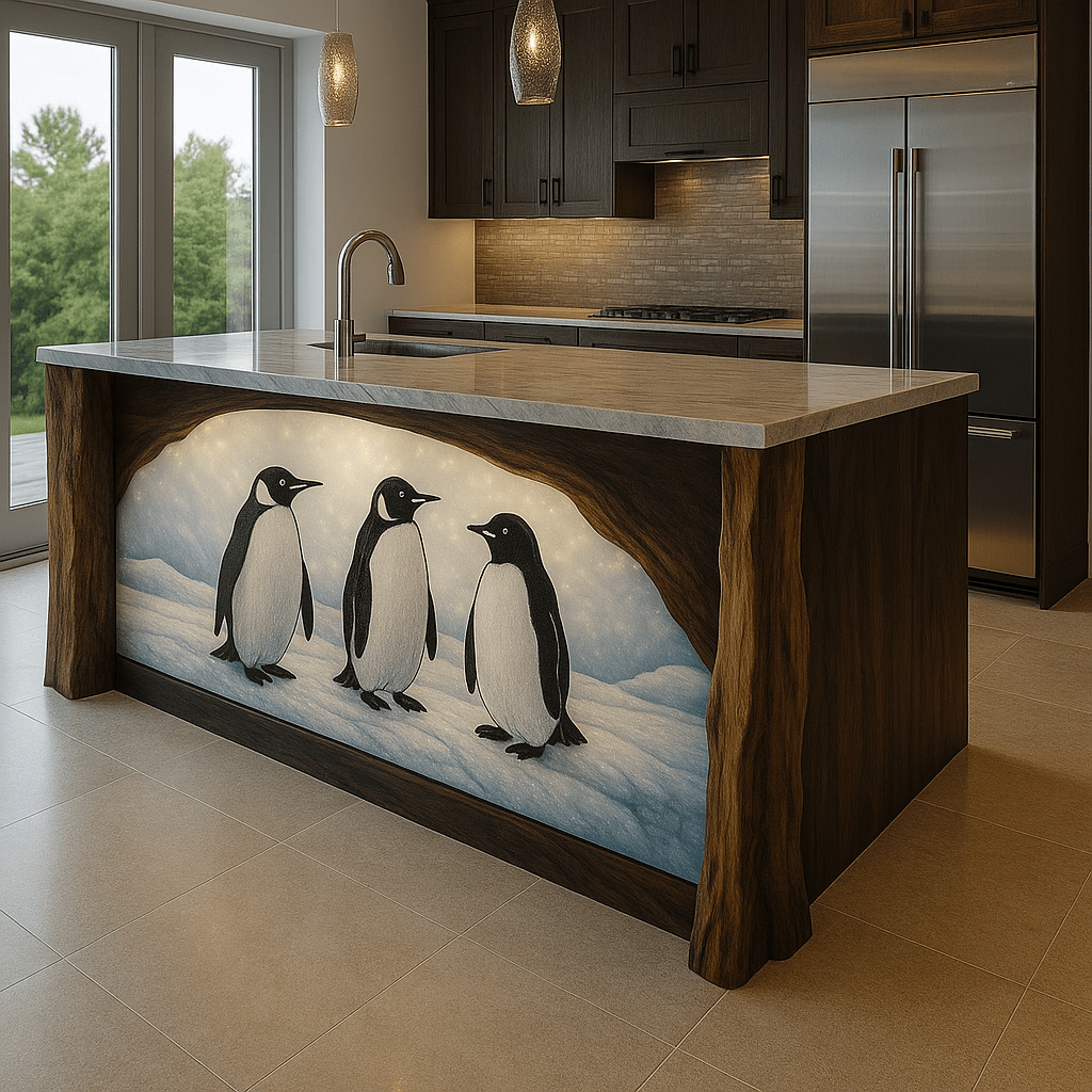 Handcrafted penguin kitchen island combining timber and illuminated artwork