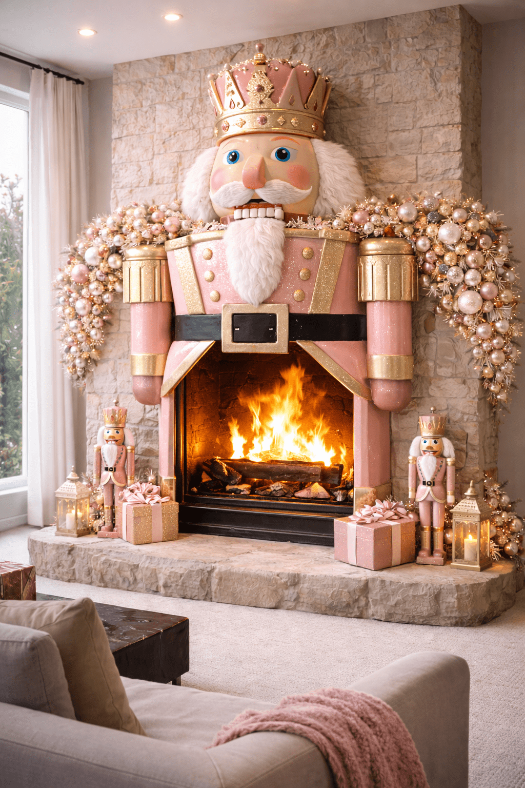 Pink and gold nutcracker fireplace display with festive garlands and glowing fire