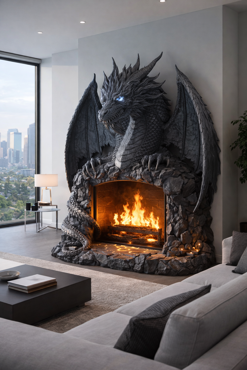 Dark stone dragon fireplace sculpture with glowing blue eyes in a luxury modern living room