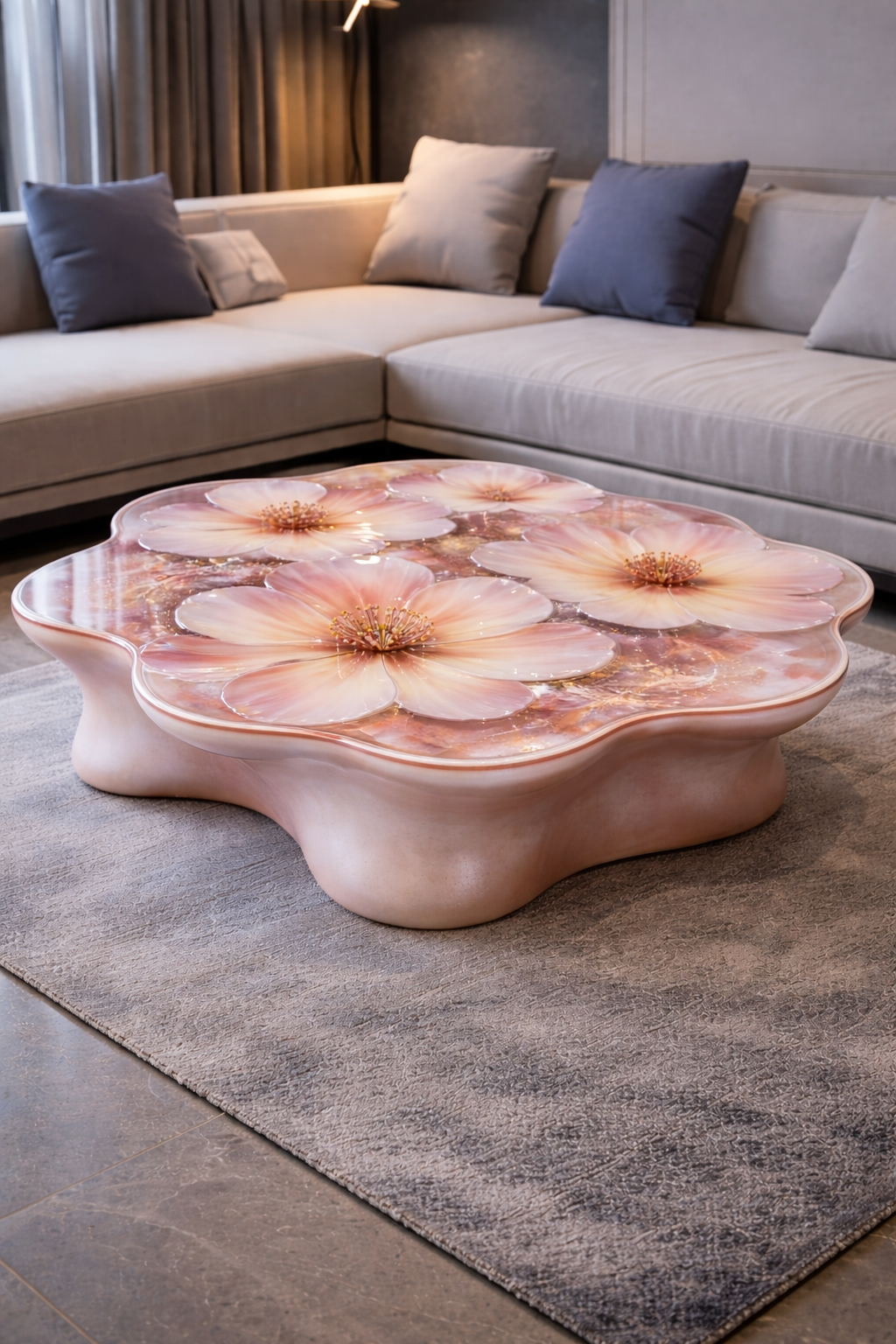 Soft pink floral resin coffee table with glossy finish in contemporary lounge