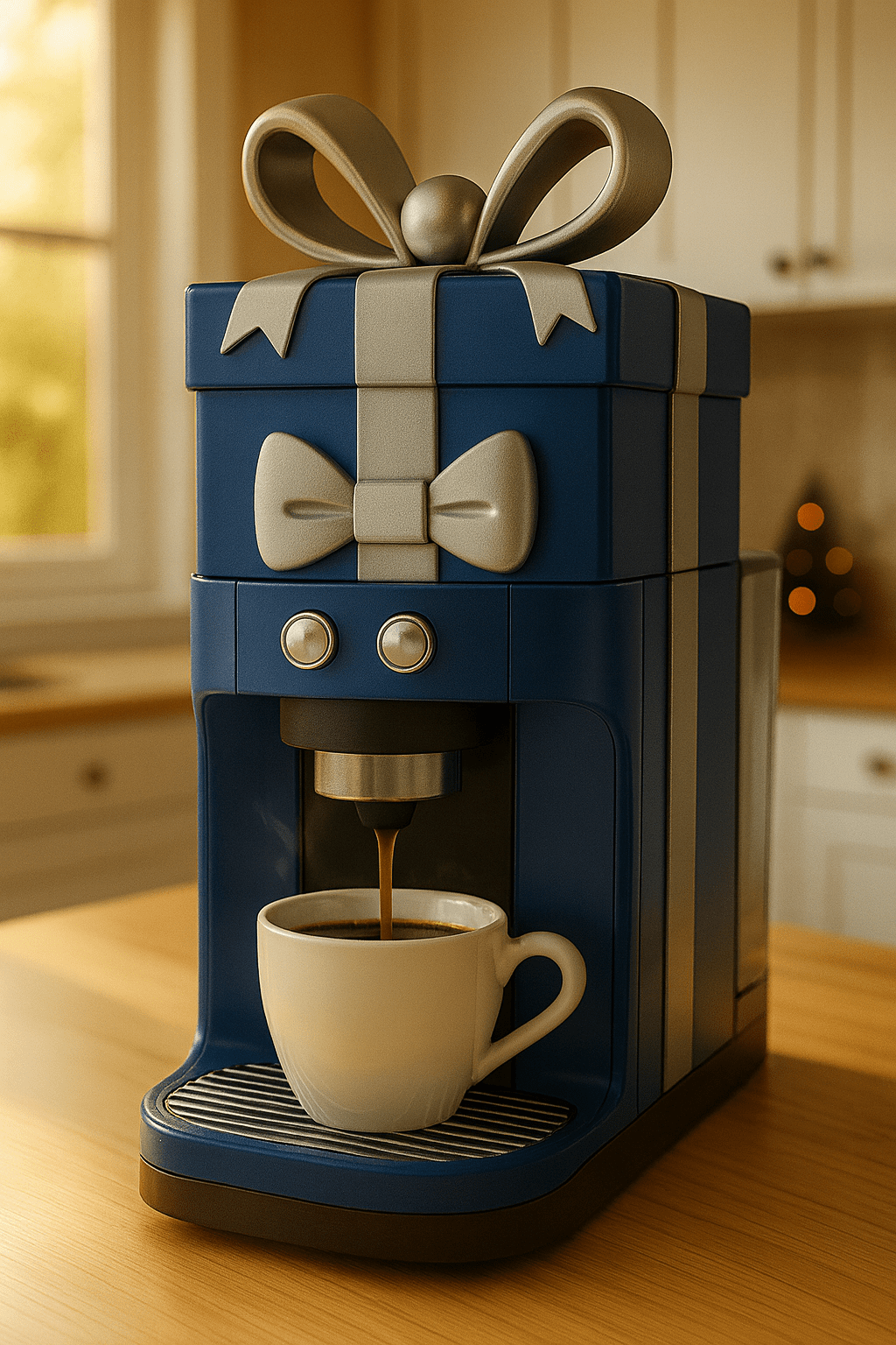 Blue gift-shaped coffee machine with metallic detailing in cosy kitchen
