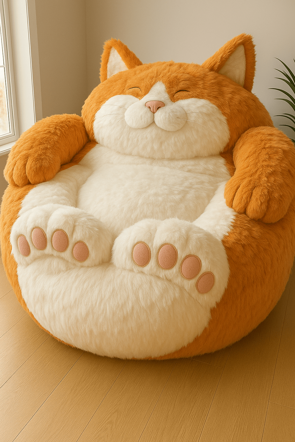 Giant orange plush cat armchair with integrated footrest paws