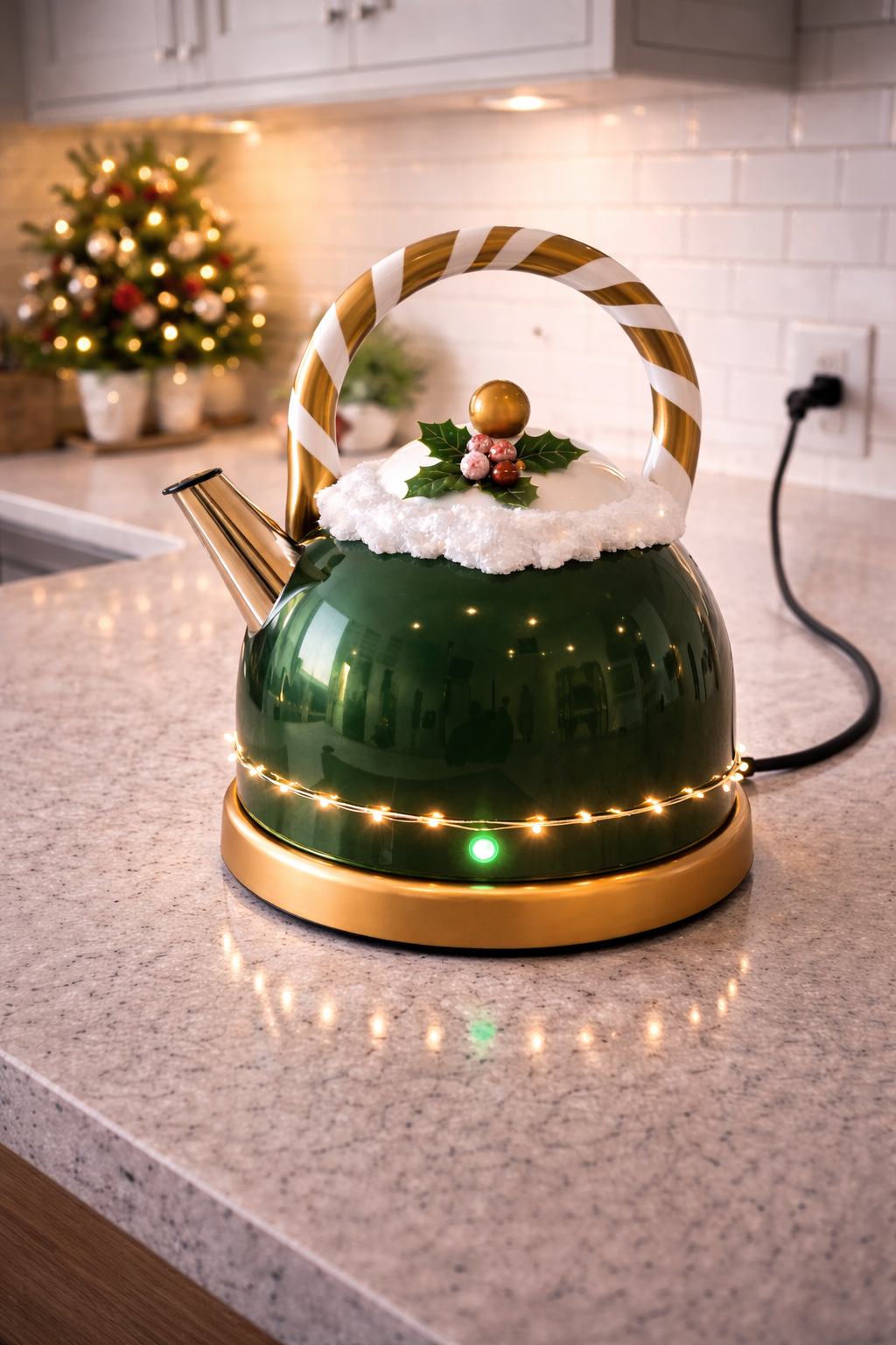 Green festive Christmas kettle with gold candy cane handle and warm fairy lights