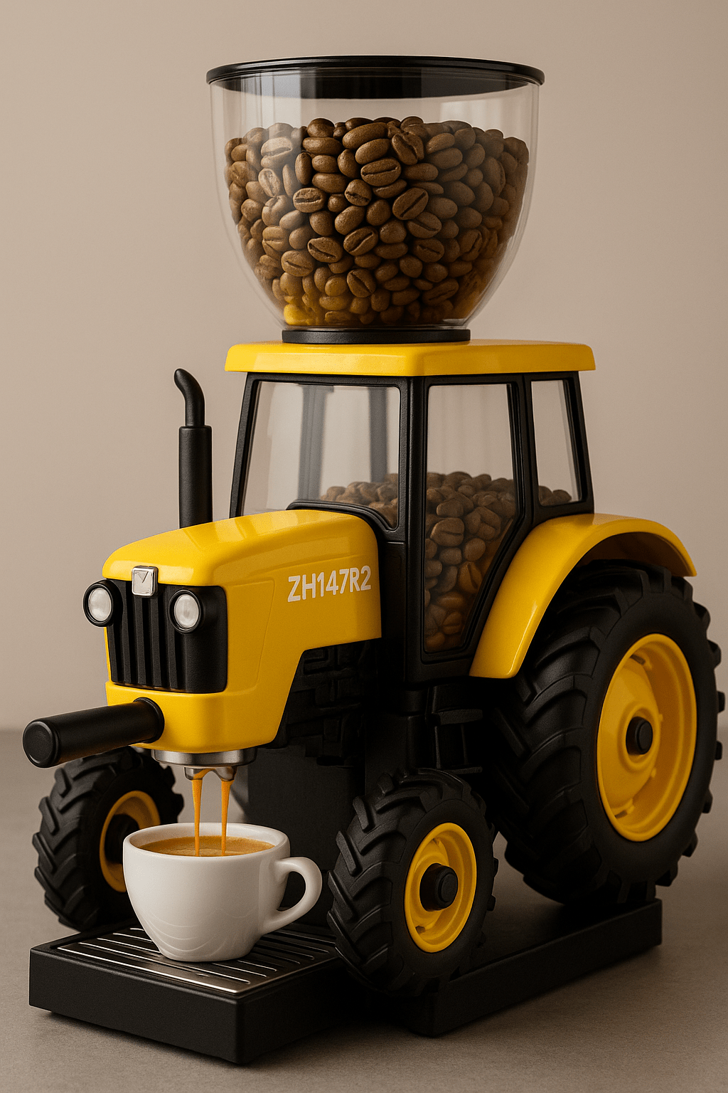 Yellow tractor-shaped coffee machine dispensing espresso with transparent bean hopper