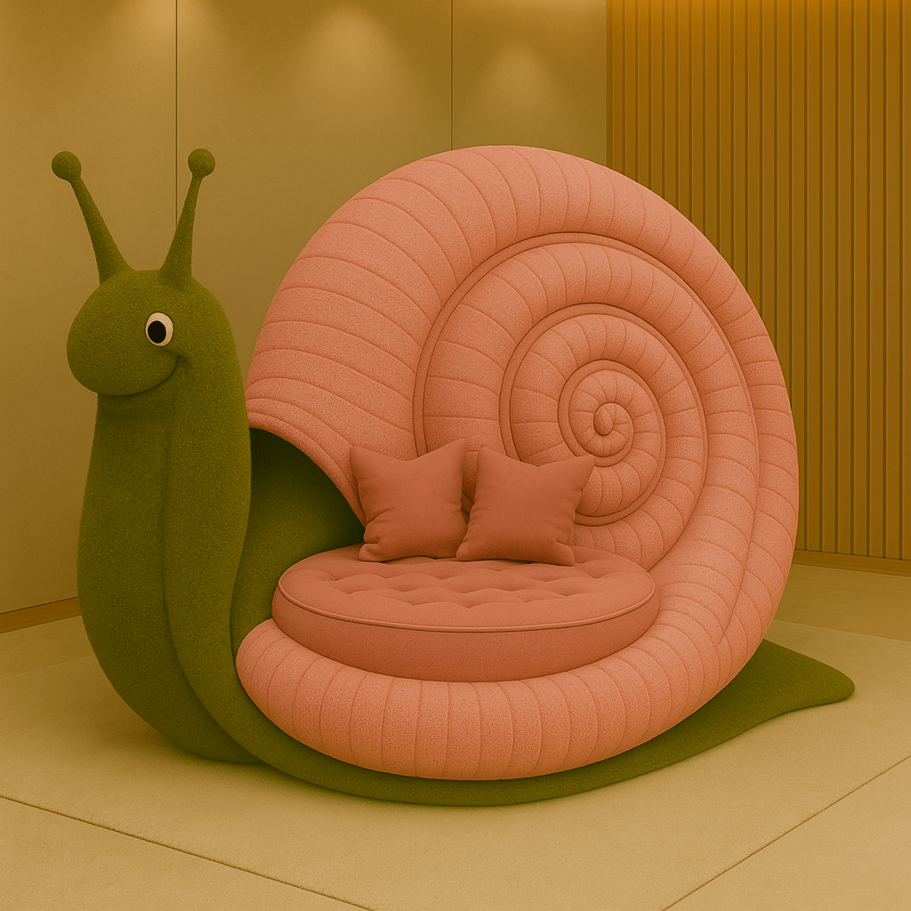 Blush pink snail-shaped armchair with soft cushions and sculptural shell