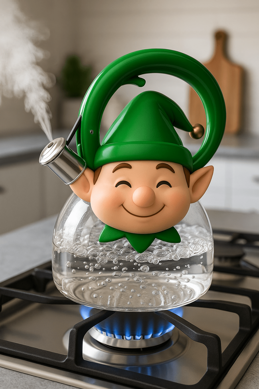 Playful elf-themed Christmas kettle on stove with steam rising